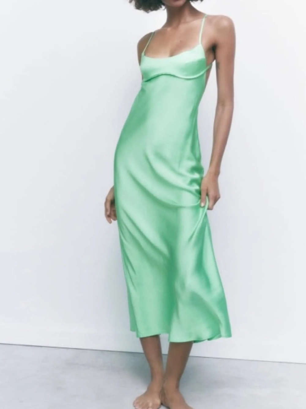Zara Mint Green Satin Slip Midi Dress